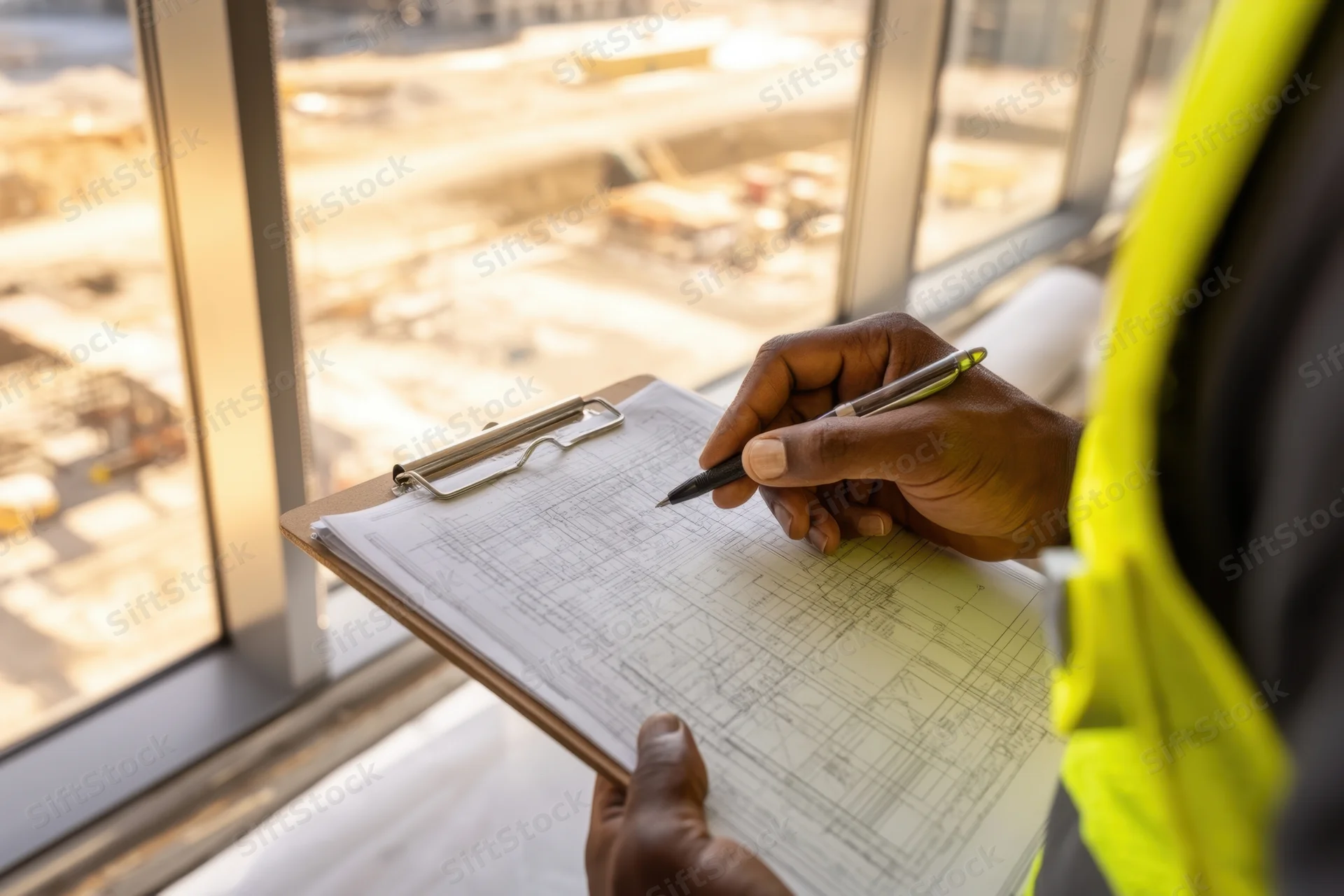 Engineer reviewing blueprint on clipboard by window overlooking construction site
