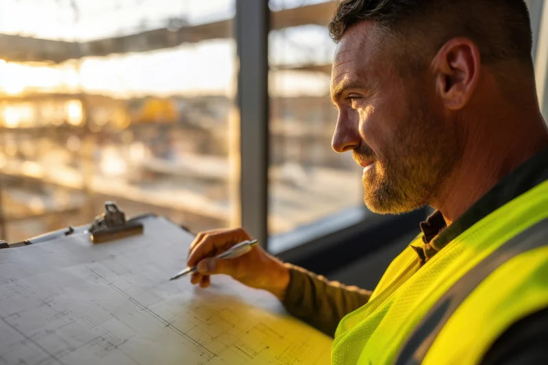 Man in yellow safety vest writing on blueprint with pen at construction site window
