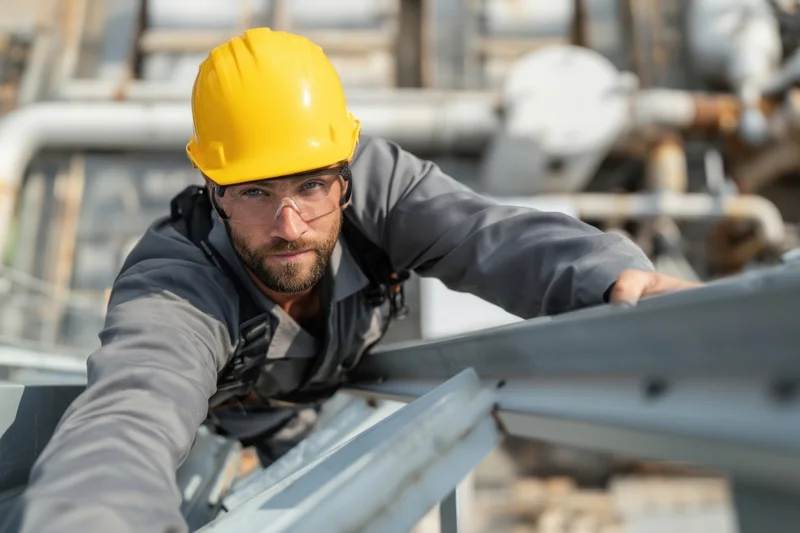 Construction worker in yellow helmet and safety goggles leaning on steel structure at industrial plant