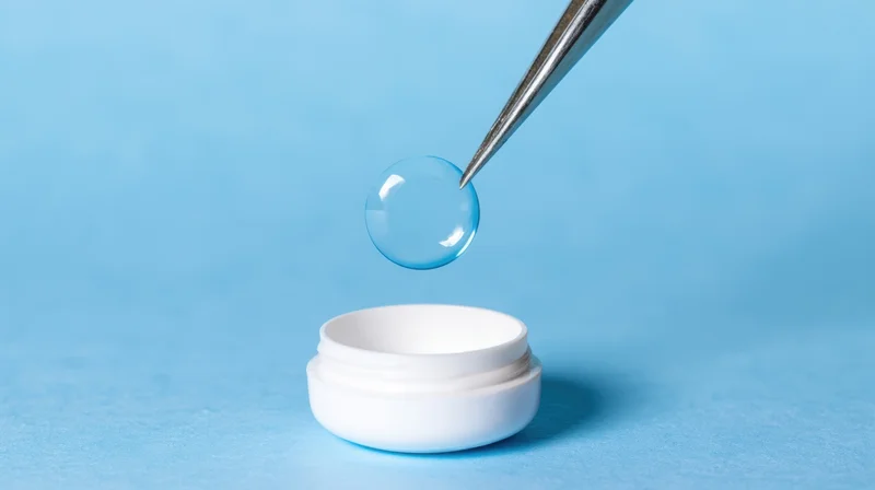Tweezers holding a contact lens above a white container on a blue surface