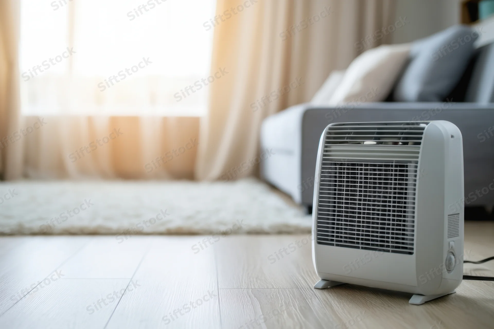 White portable electric heater on wooden floor in living room with sofa and window in background
