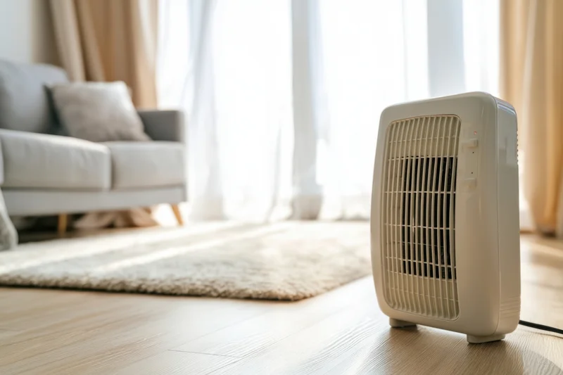 Portable electric heater on wooden floor in living room with sofa and window in background