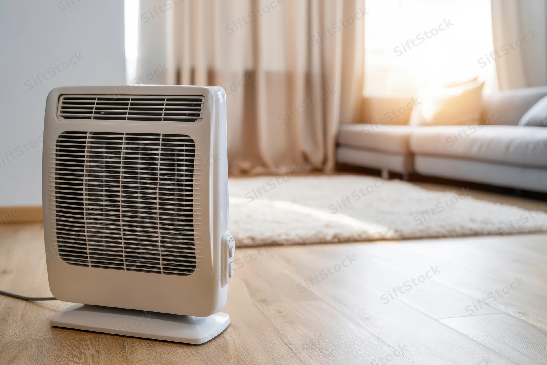 White electric heater on wooden floor in living room with sofa and window in background