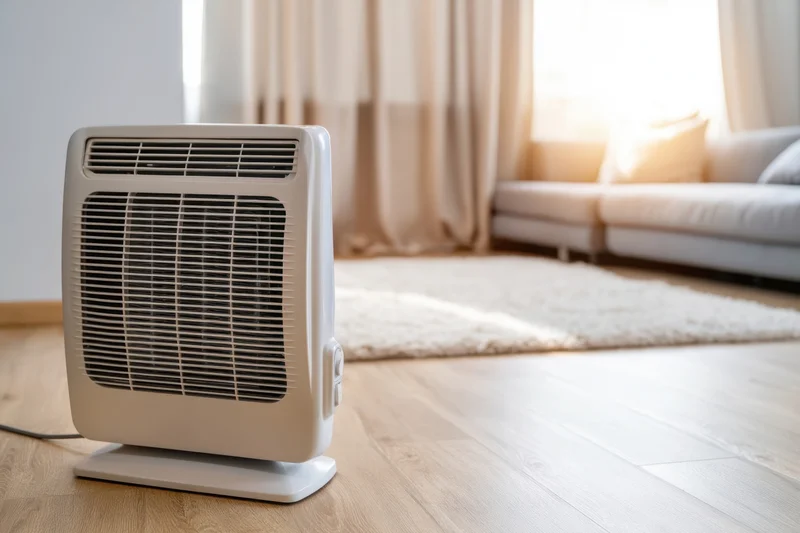 White electric heater on wooden floor in living room with sofa and window in background