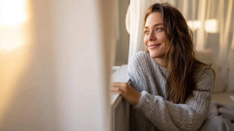 Woman smiling while leaning on radiator by window in cozy home interior
