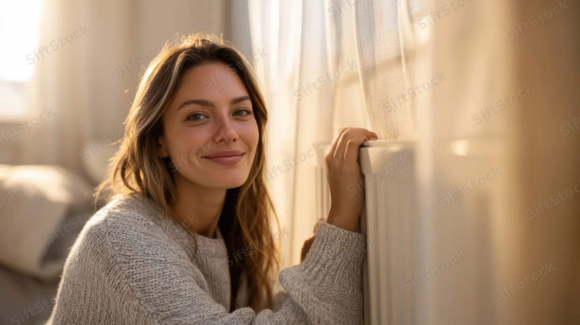Woman smiling by window in cozy bedroom with sunlight streaming through curtains