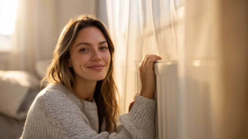 Woman smiling by window in cozy bedroom with sunlight streaming through curtains