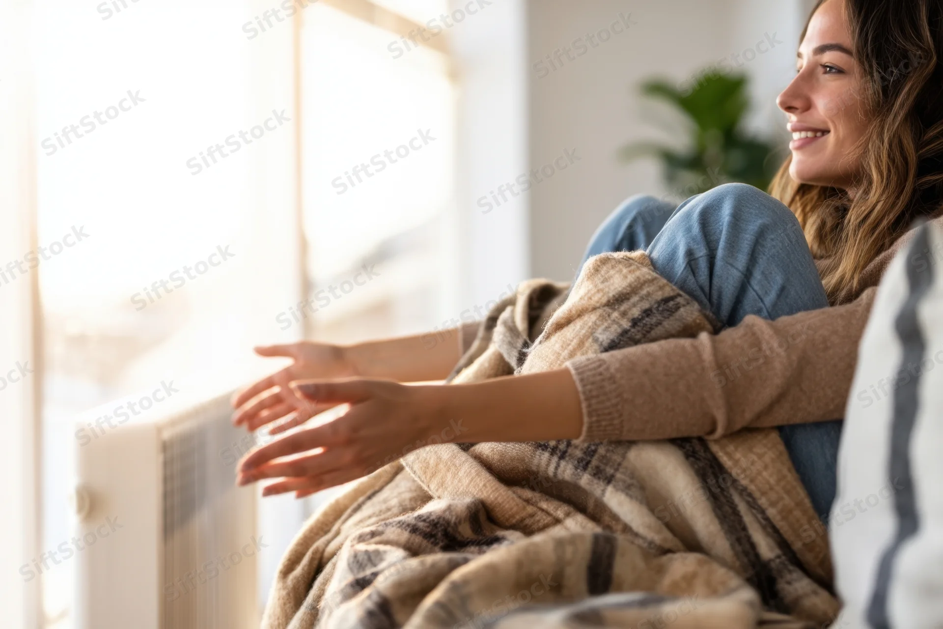 Woman smiling while wrapped in a plaid blanket near a window in a cozy home setting