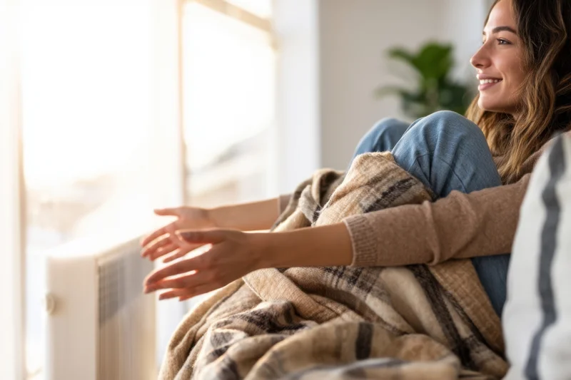 Woman smiling while wrapped in a plaid blanket near a window in a cozy home setting