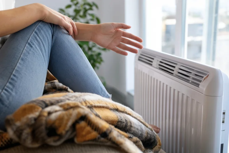 Woman sitting on couch with blanket near electric radiator in living room