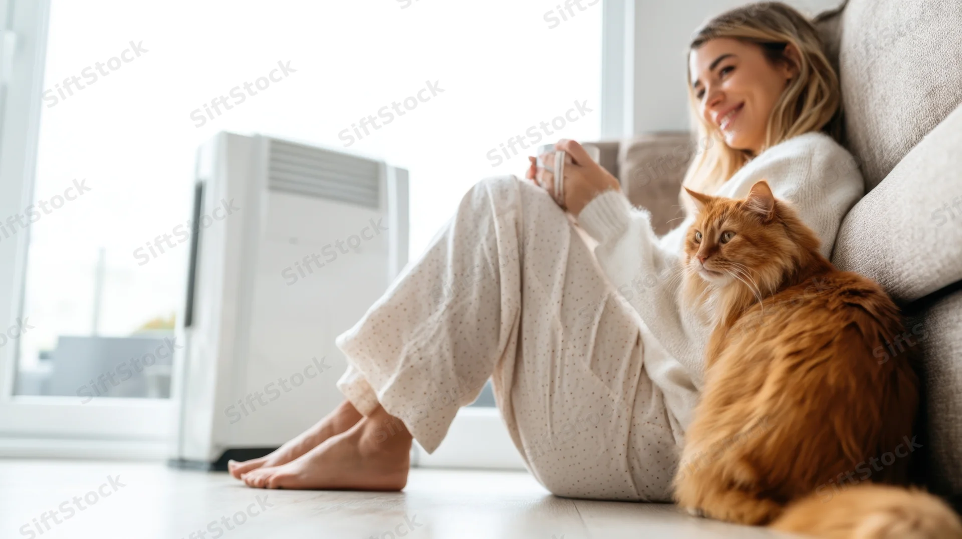 Woman sitting on floor beside sofa with ginger cat, holding mug, near air purifier in bright living room
