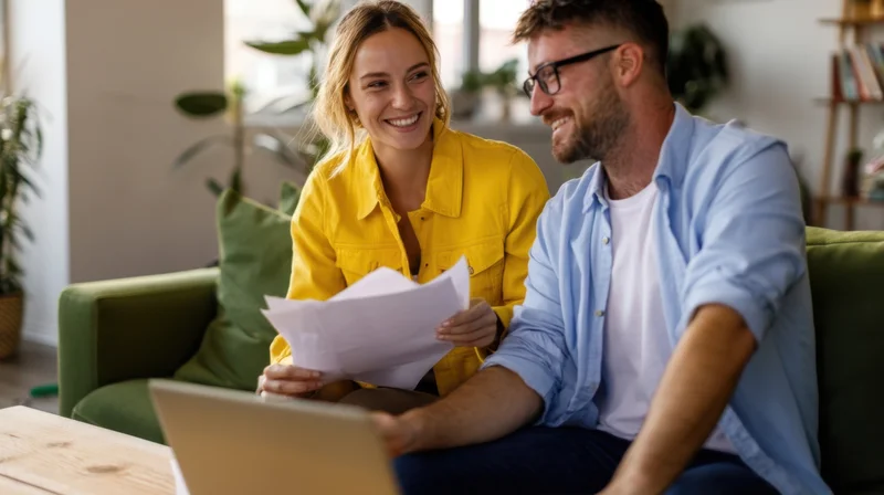 Couple smiling while discussing papers on a couch in a living room