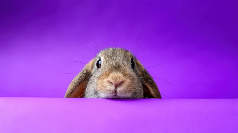 Rabbit peeking over a purple surface in a studio setting