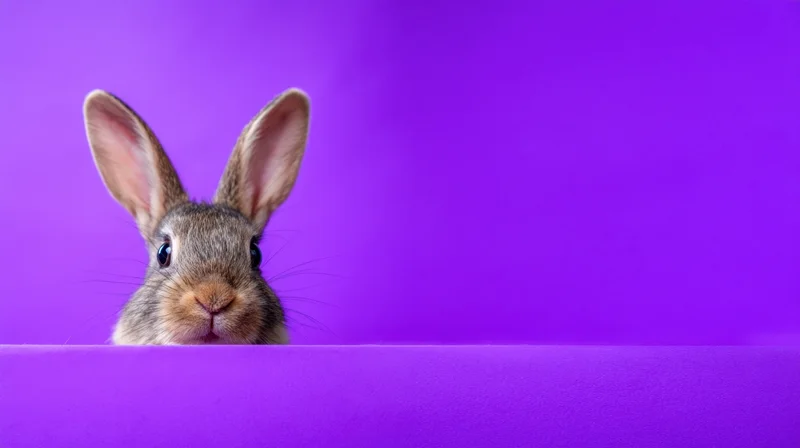 Rabbit peeking over a purple surface in a studio setting