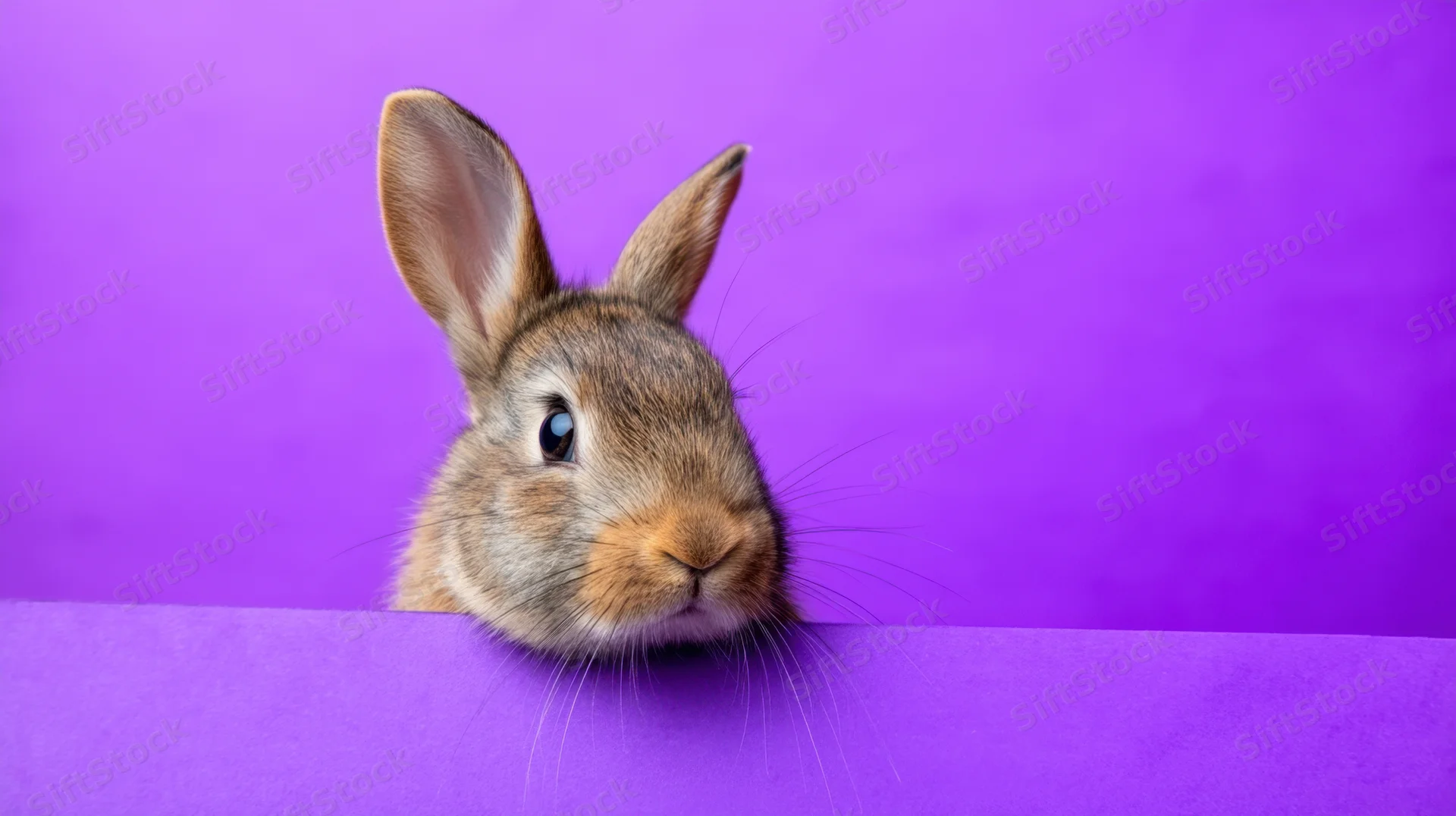 Rabbit peeking over purple surface in studio setting