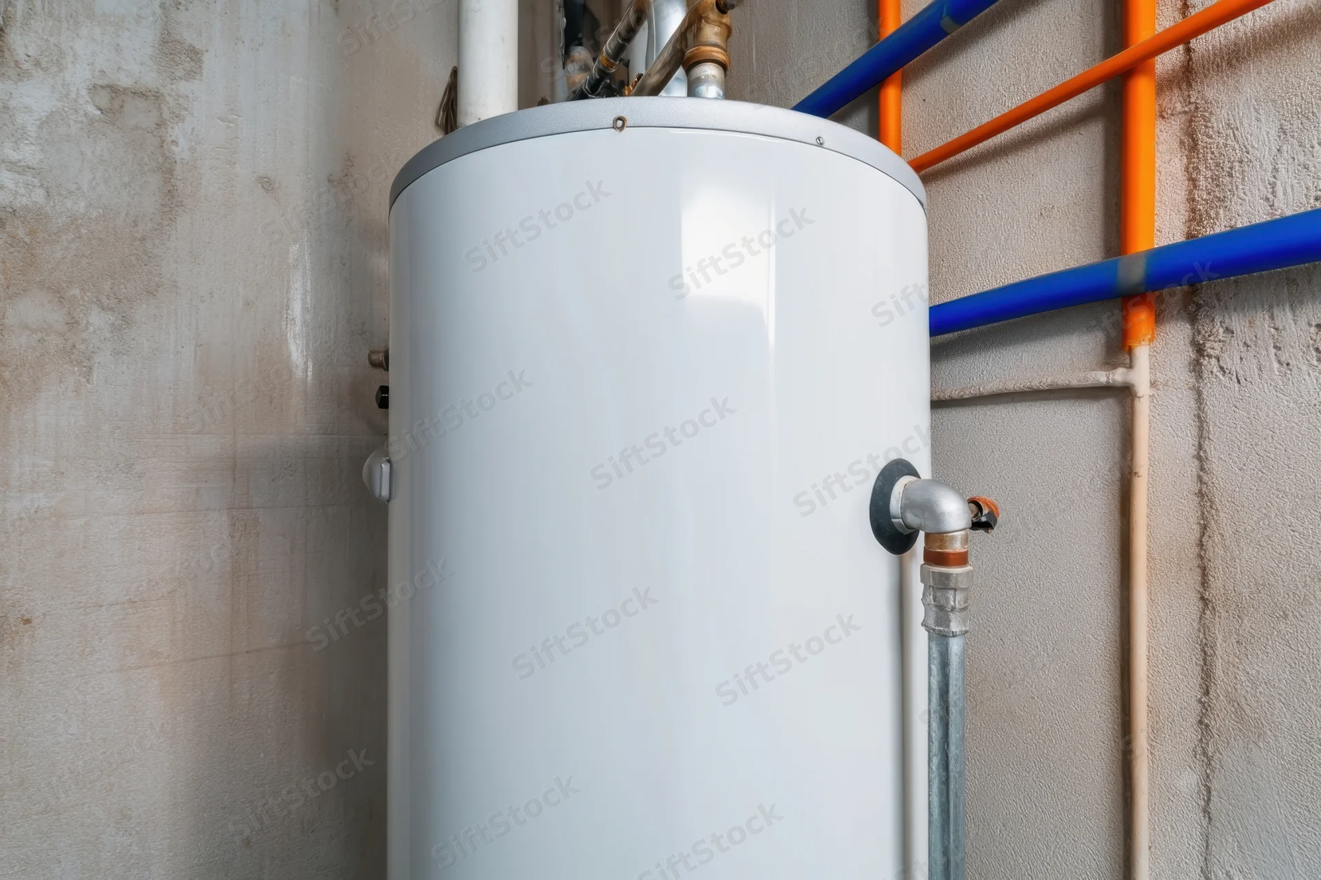 White cylindrical water heater connected to pipes mounted on a concrete wall