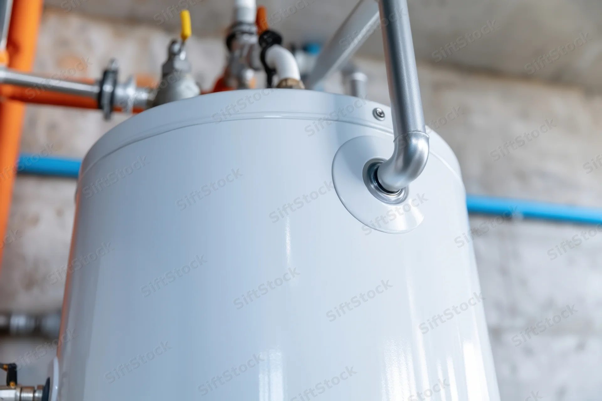 White cylindrical water heater with connected pipes in a utility room