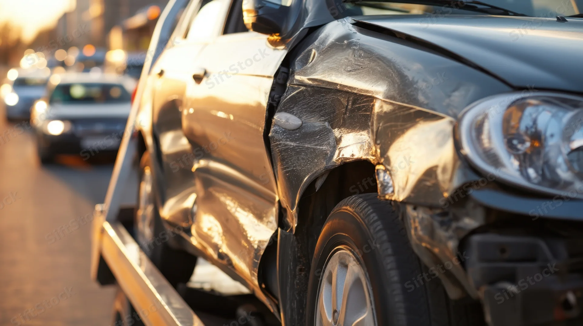 Damaged car on a tow truck after a collision on a city road