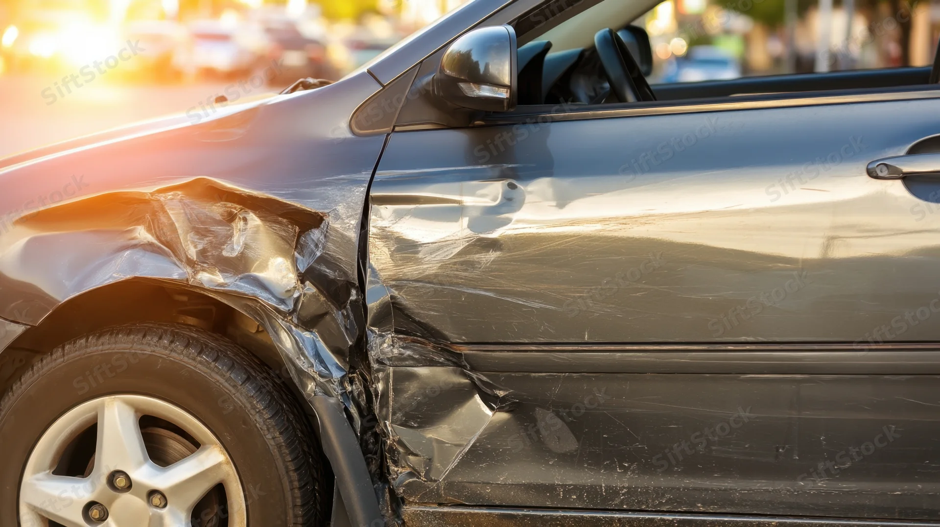 Damaged car side panel with crumpled metal and dented door after collision on road