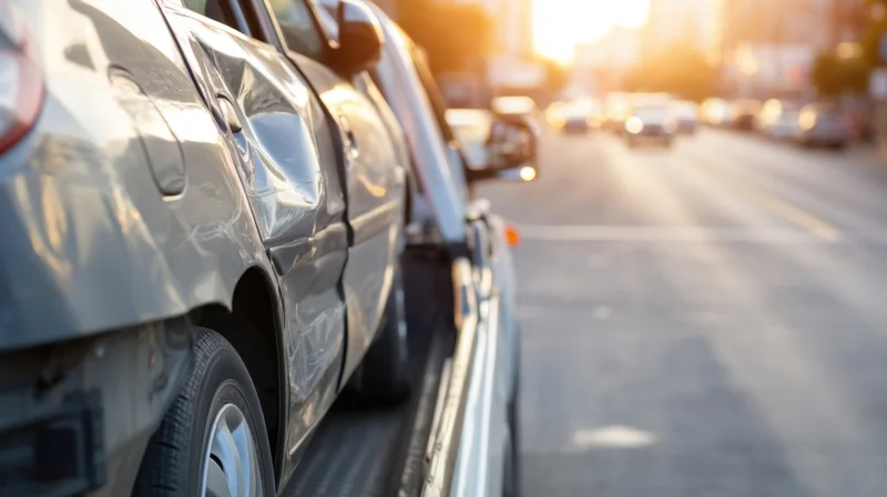 Damaged car being towed on a city highway at sunset