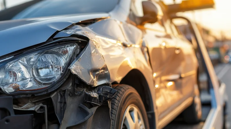 Damaged silver car with crumpled front end being towed on highway