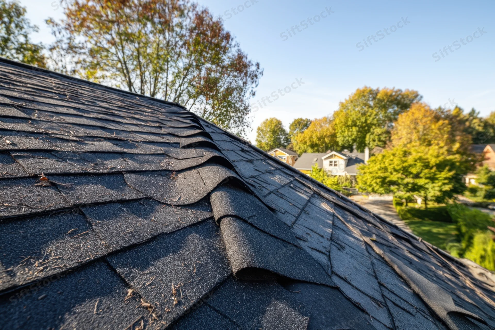 Damaged asphalt shingle roof with curling edges in a suburban neighborhood during autumn daytime
