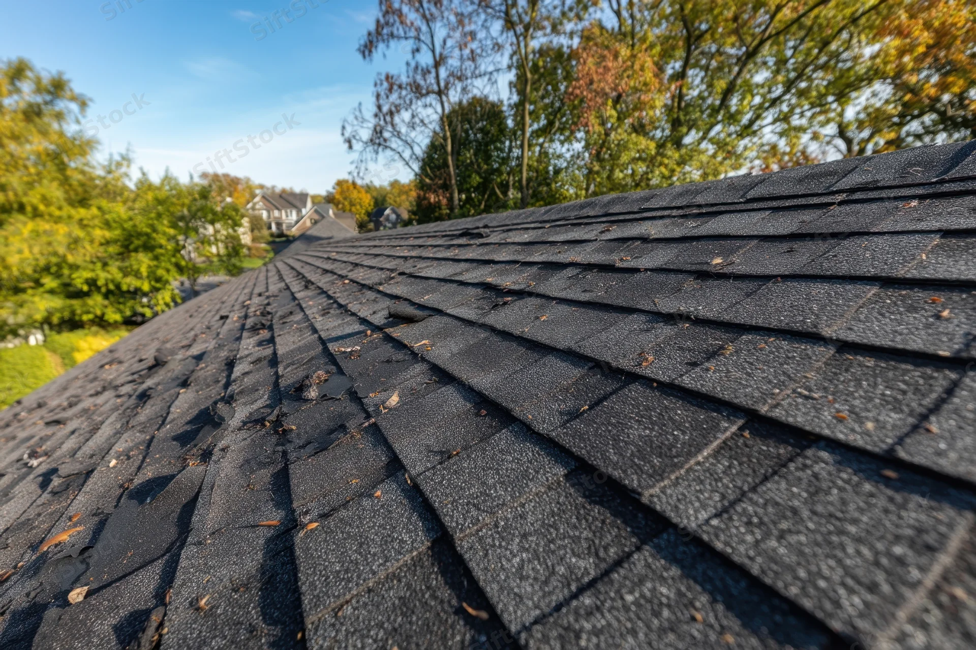 Damaged asphalt shingles on a residential roof in a suburban neighborhood during autumn