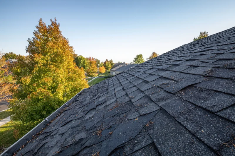 Damaged asphalt shingle roof on a residential home with autumn trees in the background