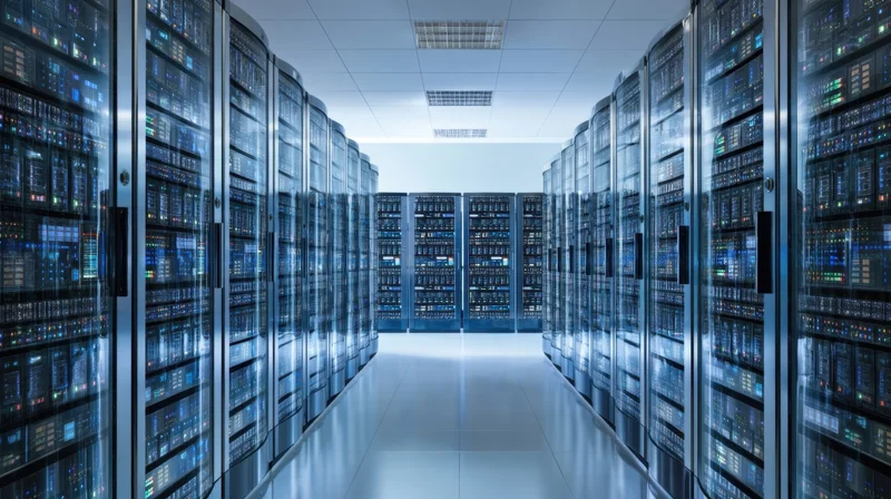 Rows of server racks in a data center aisle with blue lights and reflective floor