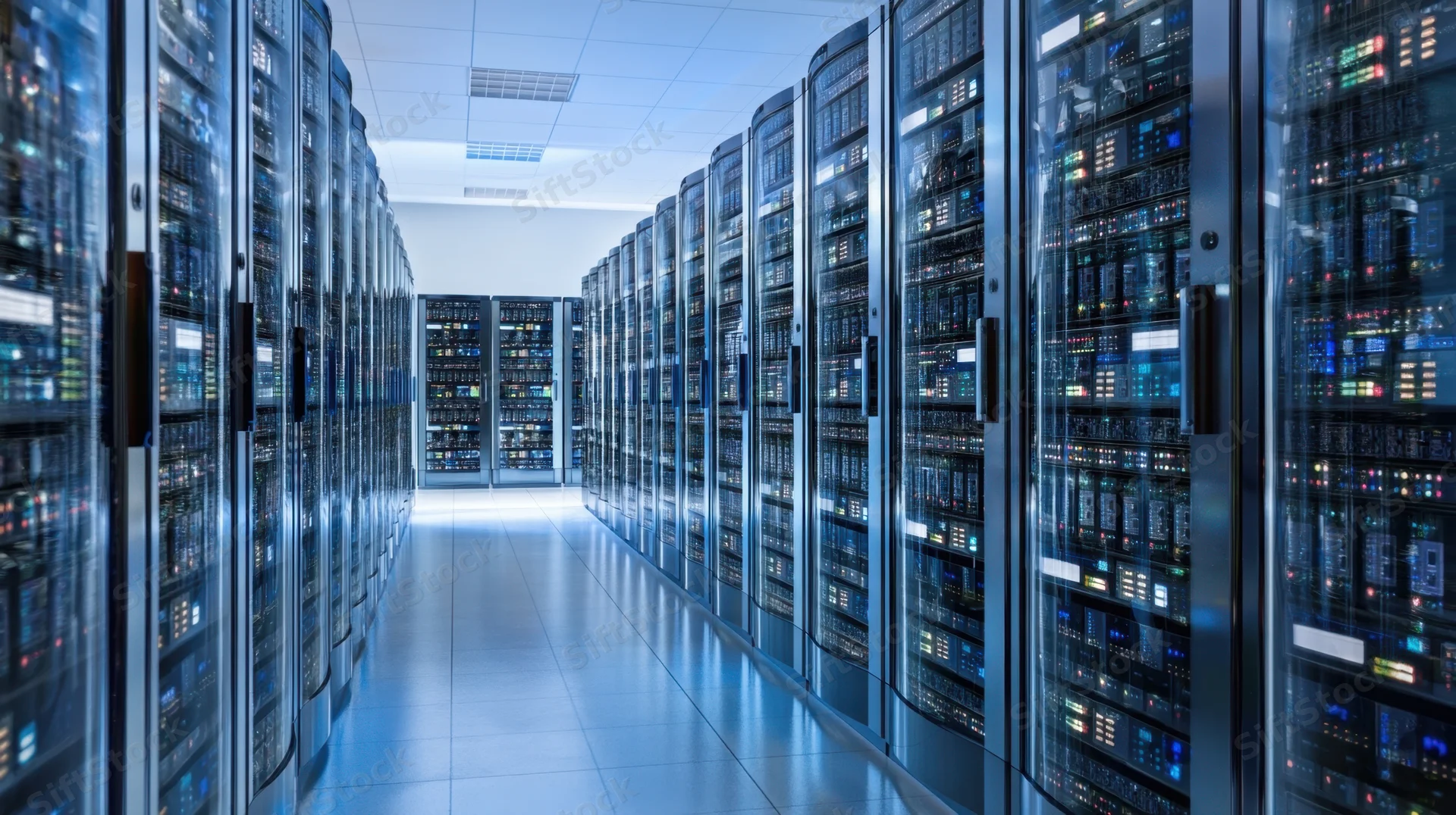 Rows of server racks in a data center with blue lighting and tiled floor
