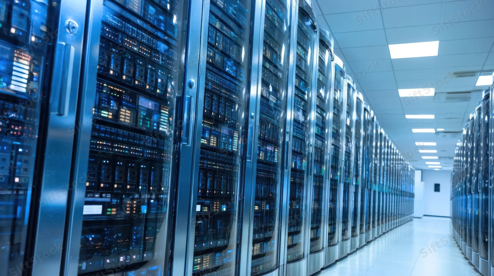 Rows of server racks in a data center aisle with blue lighting and glass doors