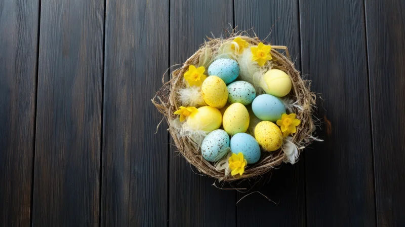 Colorful easter eggs in a straw nest with yellow flowers on dark wooden table