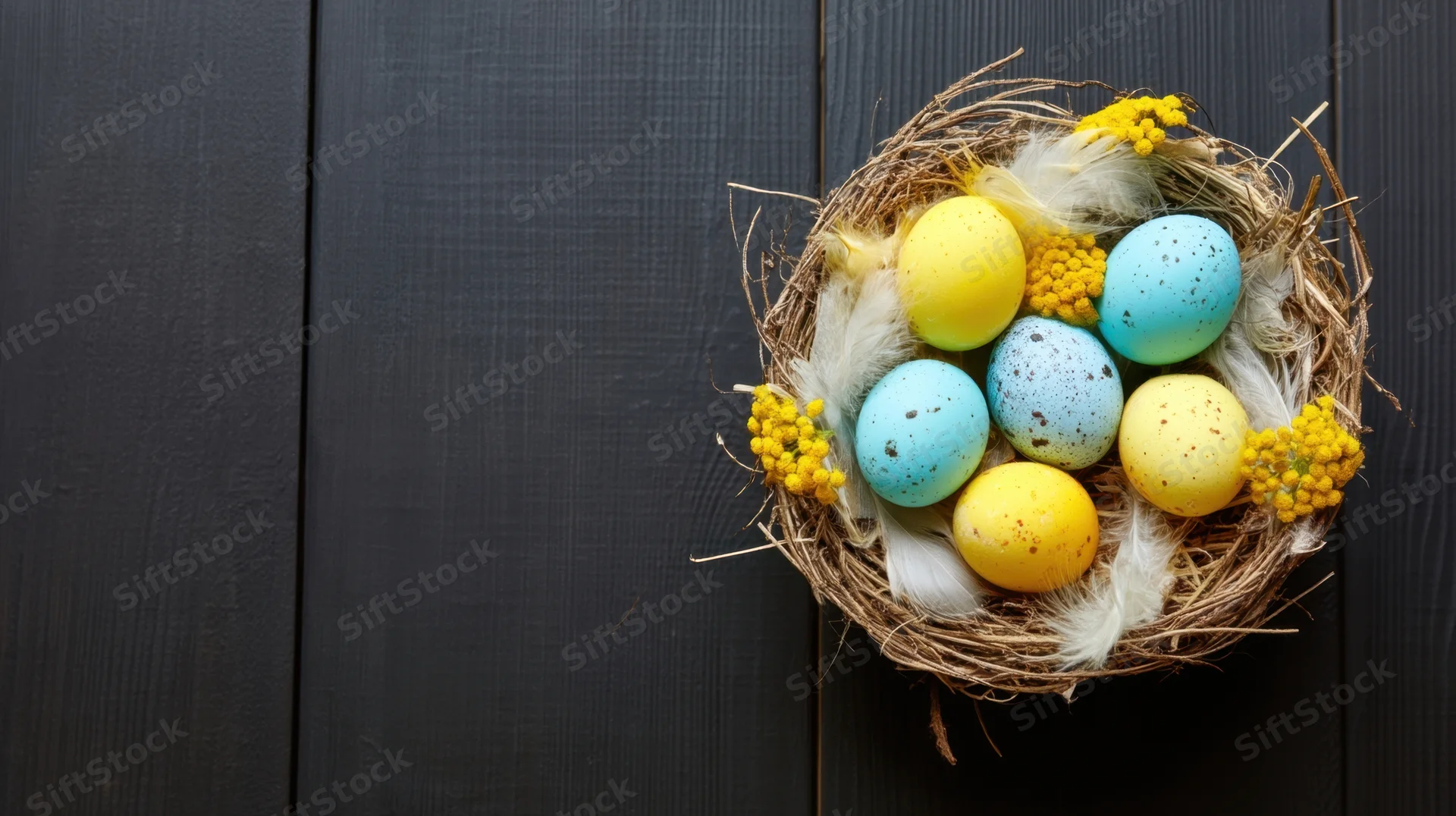 Colorful easter eggs in a nest with feathers and yellow flowers on dark wooden surface