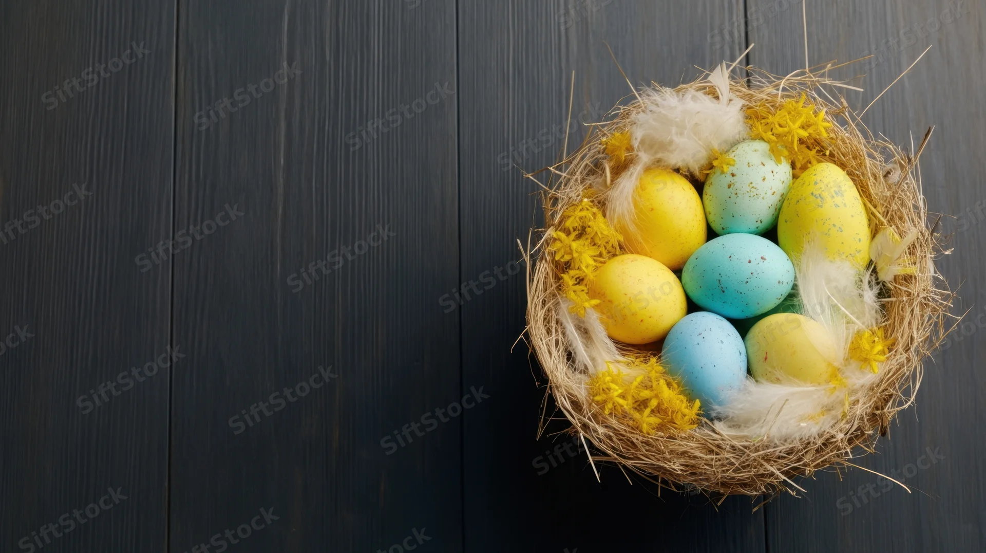 Colorful easter eggs in a nest with feathers and hay on a dark wooden table
