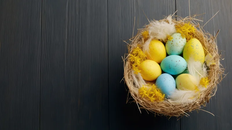 Colorful easter eggs in a nest with feathers and hay on a dark wooden table