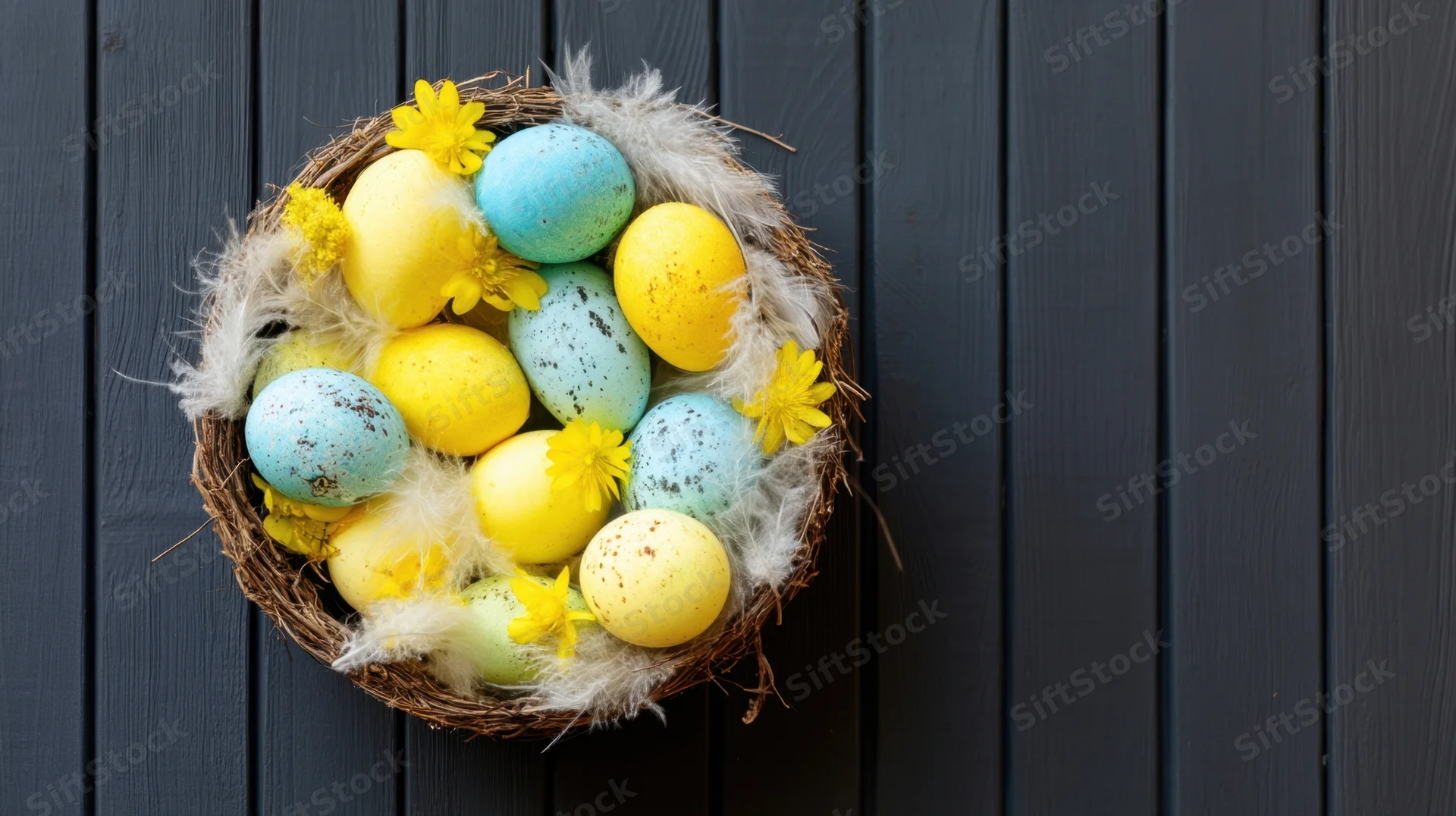 Colorful easter eggs with feathers and yellow flowers in a wicker nest on dark wooden background