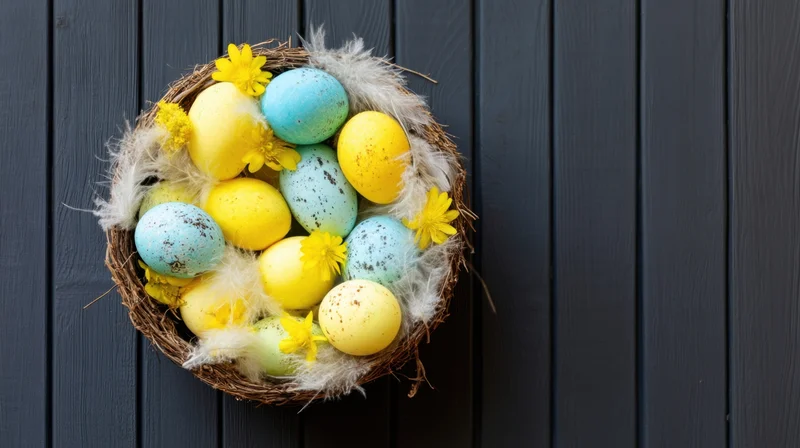 Colorful easter eggs with feathers and yellow flowers in a wicker nest on dark wooden background