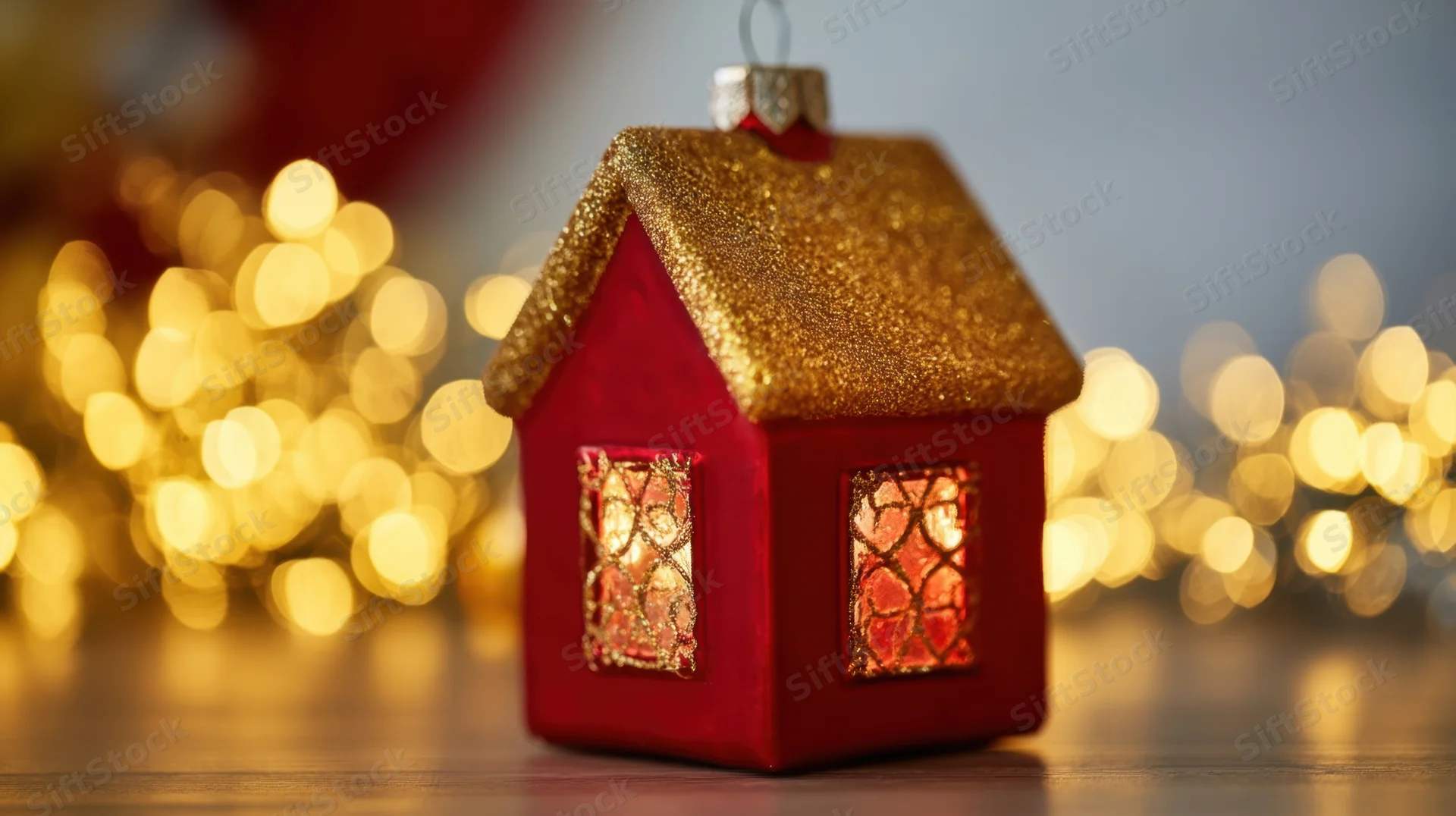 Red and gold glitter house ornament on wooden surface with blurred holiday lights behind
