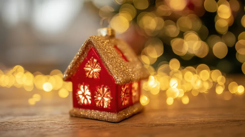 Red and gold glitter house ornament on wooden table with blurred holiday lights in background