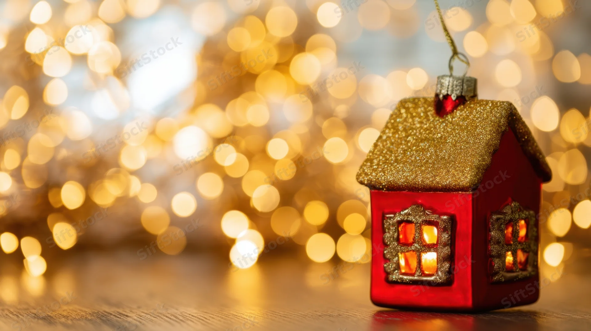 Red and gold house-shaped christmas ornament on wooden surface with blurred golden lights in background
