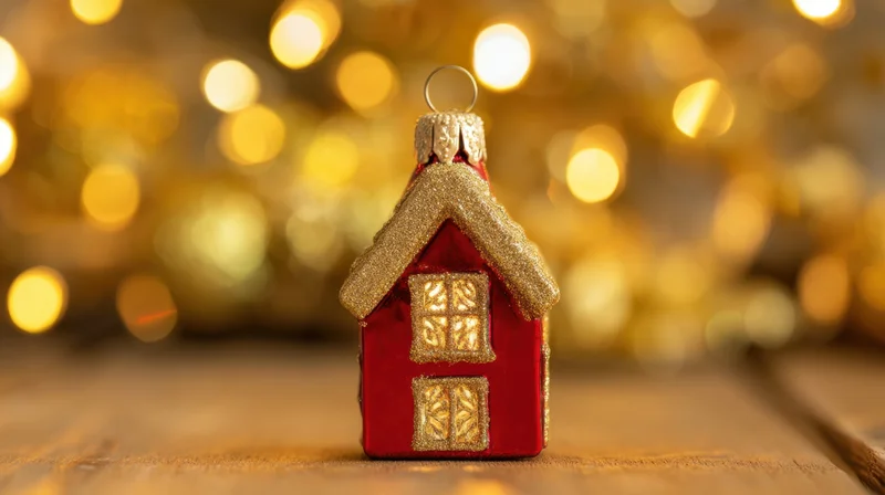 Red and gold house-shaped christmas ornament on wooden surface with blurred golden lights behind