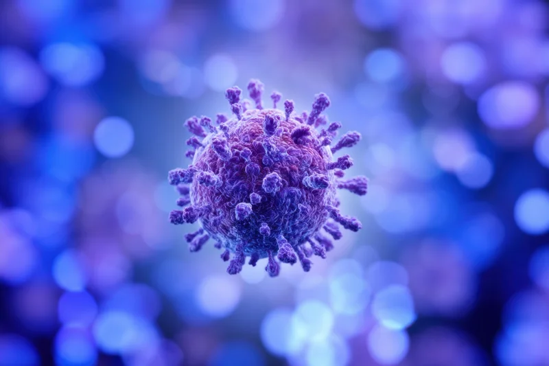 Detailed 3d render of a spherical virus with spike proteins against a blue bokeh background