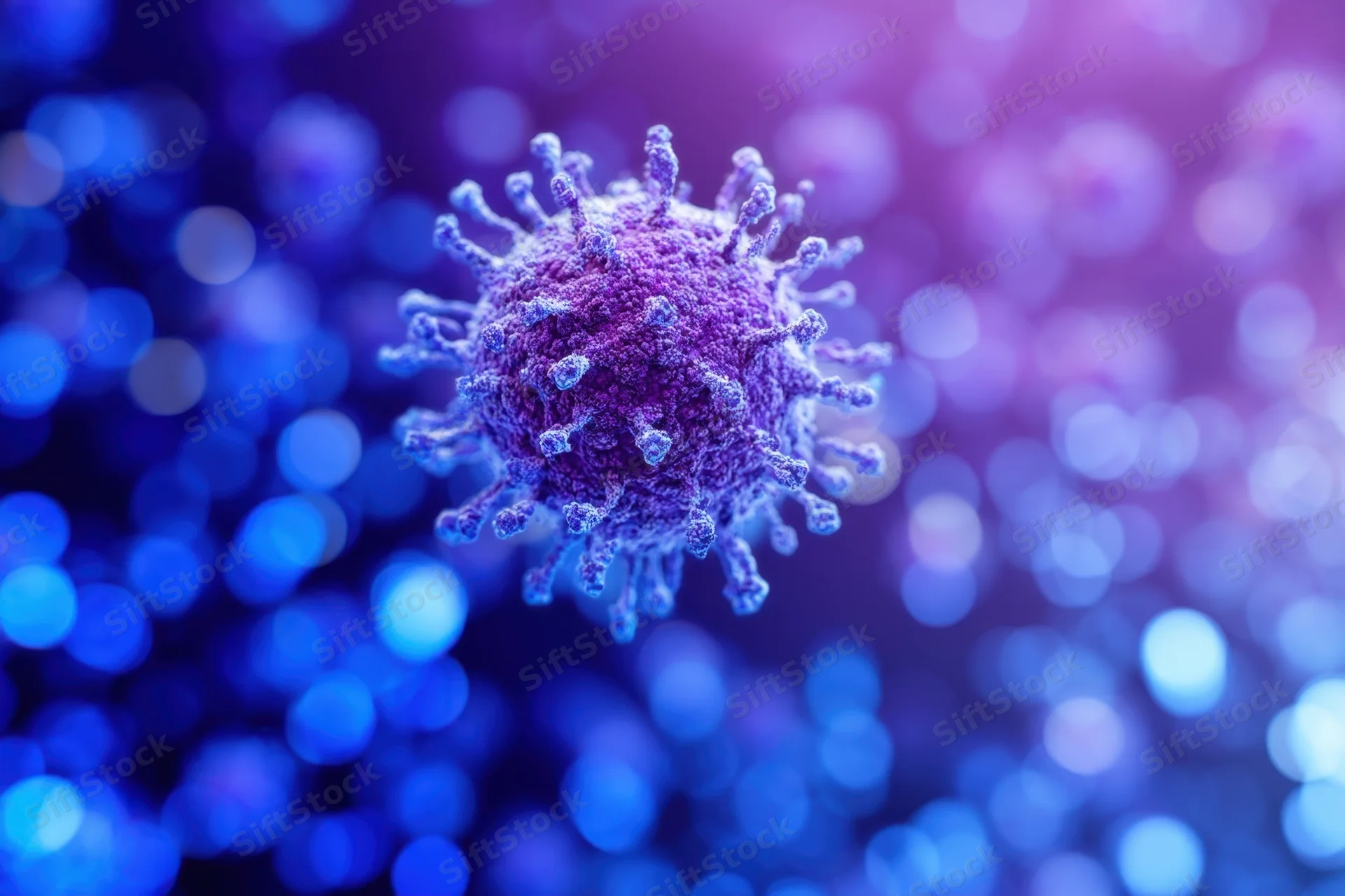 Detailed 3d render of a coronavirus particle with spike proteins against a blue and purple bokeh background