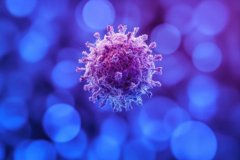 Detailed 3d render of a coronavirus particle with spike proteins against a blue and purple bokeh background