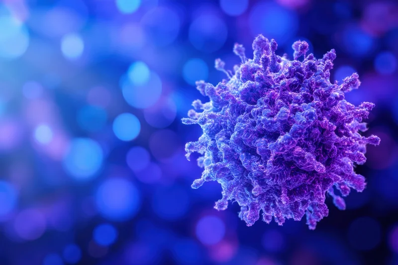 Detailed 3d render of a purple virus particle against a glowing blue abstract background