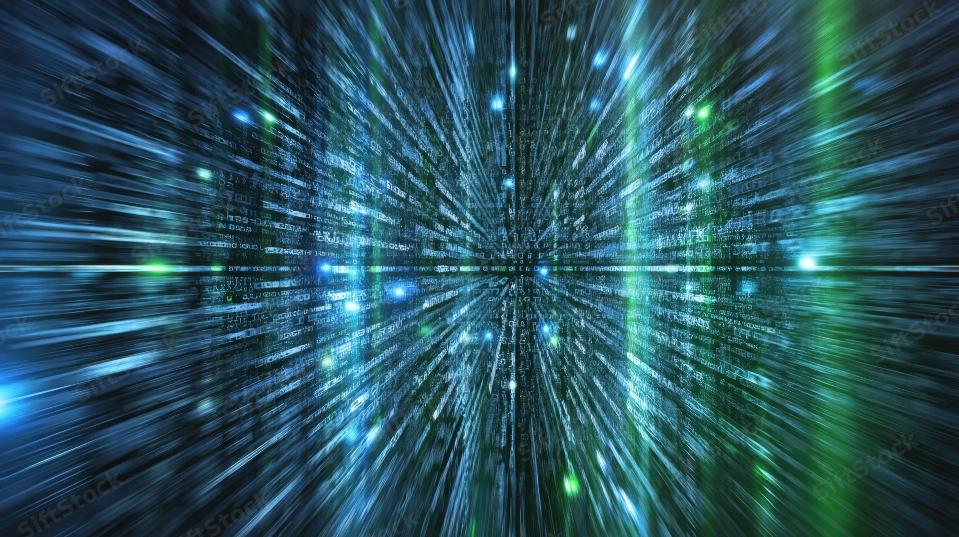 Digital data stream flowing through a tunnel of code in cyberspace