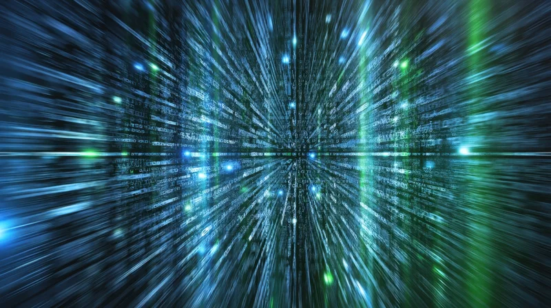 Digital data stream flowing through a tunnel of code in cyberspace