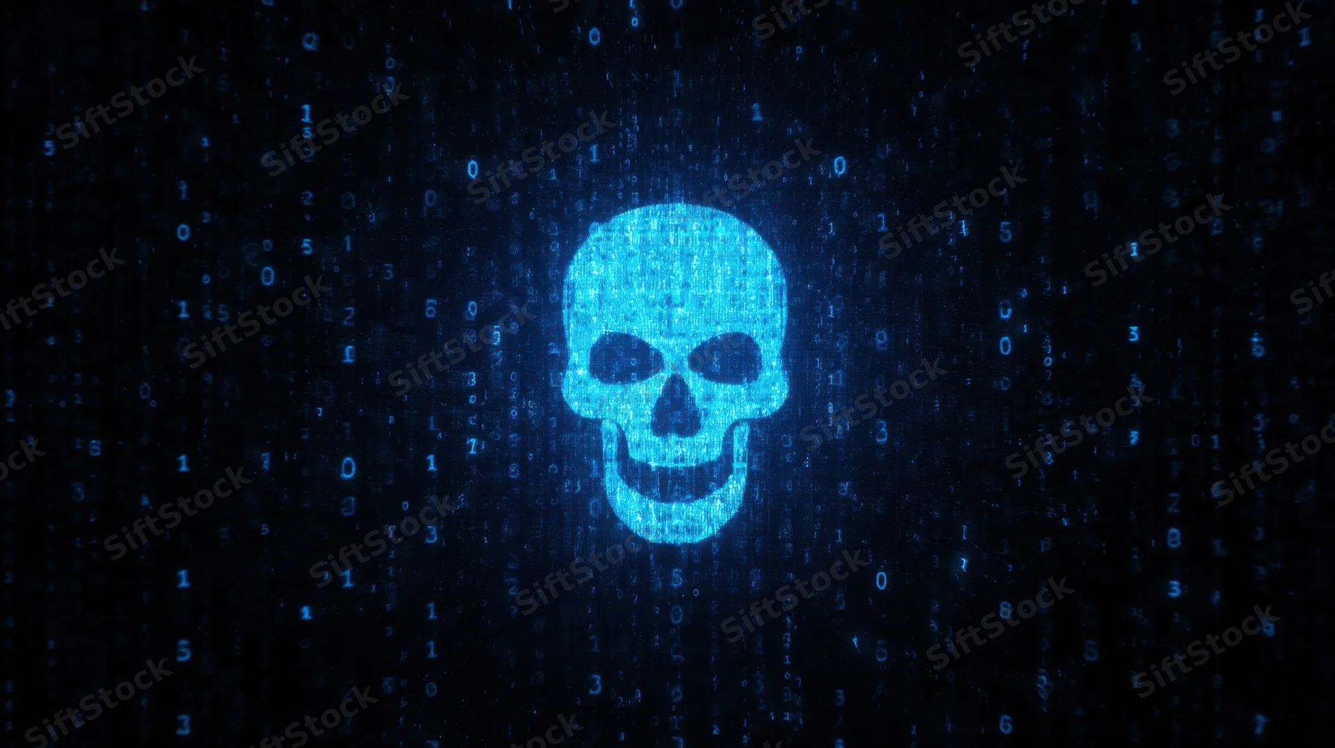 Digital skull formed from glowing blue binary code against a dark background