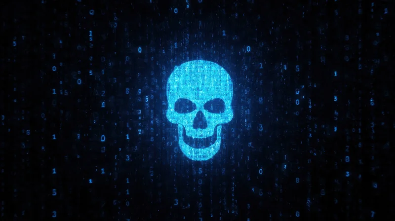 Digital skull formed from glowing blue binary code against a dark background