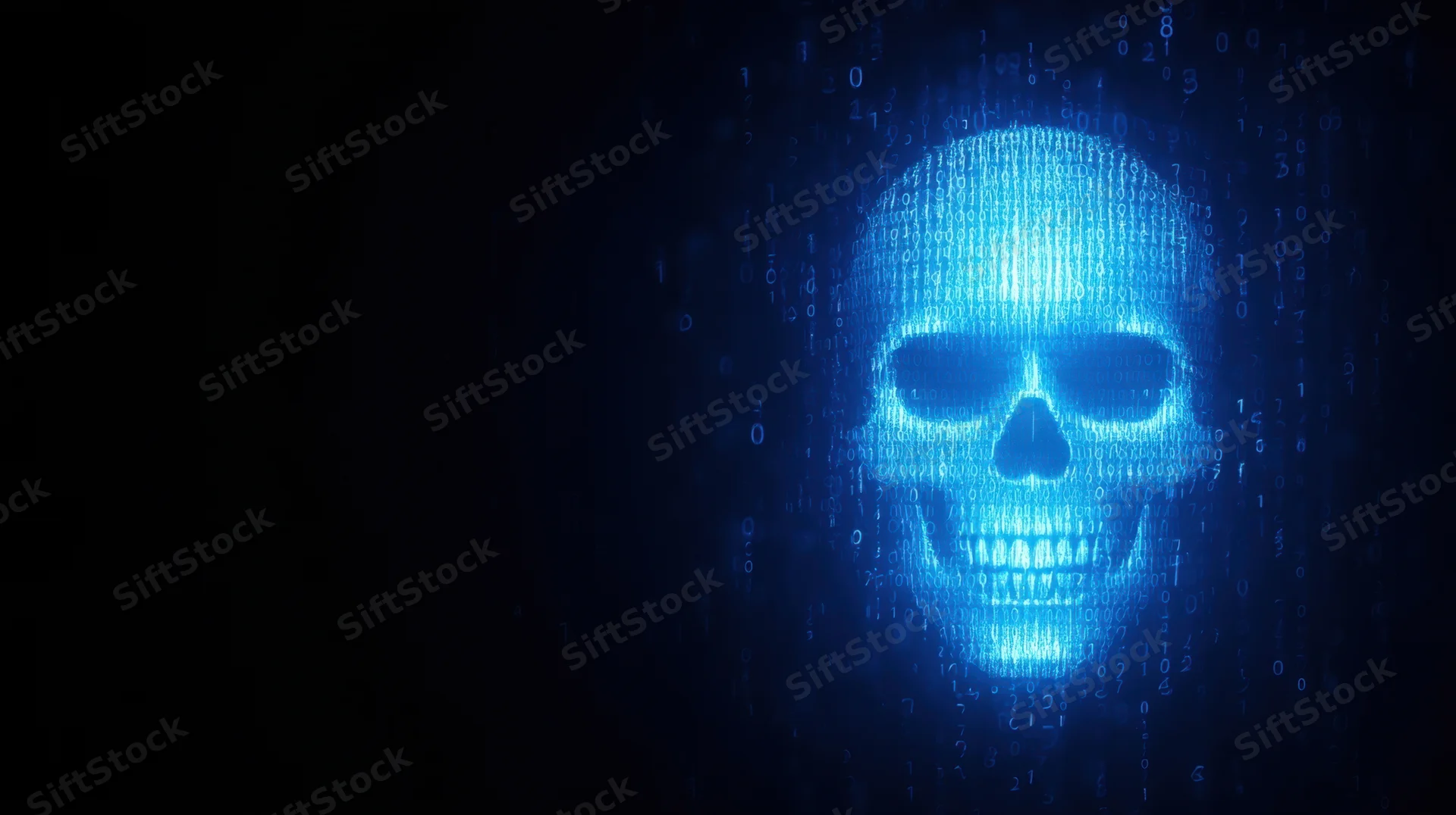 Digital skull formed from glowing binary code in dark space